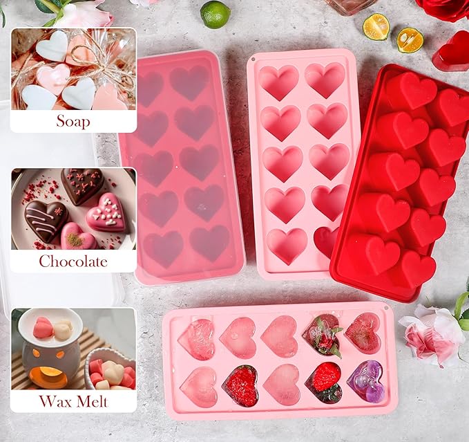 Webake 4-Pack Heart Ice Cube Trays with Lids, Silicone Valentine’s Heart-Shaped Molds for Chilling Whisky, Cocktails & Beverages, Also Ideal for Making Chocolate, Soap & Wax Melts
