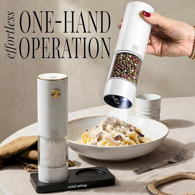 White Electric Salt and Pepper Grinder Set – Automatic Salt and Pepper Grinder Set with USB Rechargeable Design, One Touch Control, Adjustable Coarseness, LED Light, Sleek Stainless Steel Body