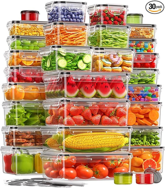 KEMETHY 60 PCS Food Storage Containers with Lids, BPA-Free Plastic Food Containers for Kitchen Storage, Leak Proof, Reusable Meal Prep Containers with Labels & Pen