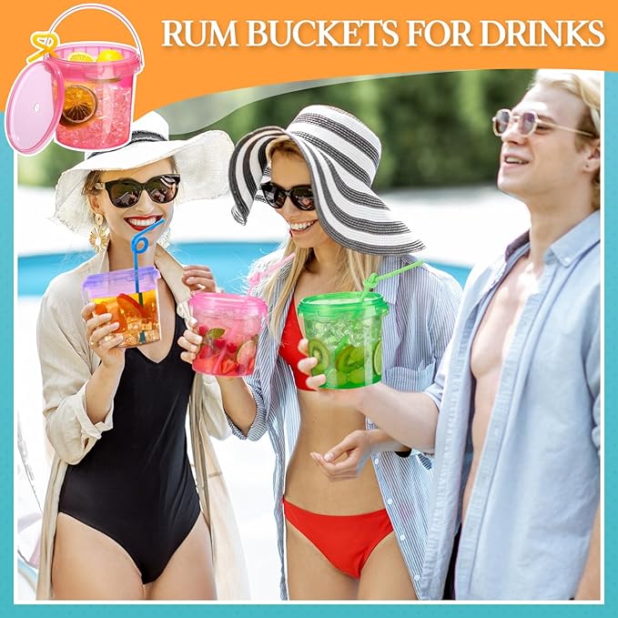Funnymoom 60 Pack 25 oz Plastic Rum Buckets Bulks for Drinks with Straws Reusable Ice Cream Cocktail Cups Neon Party Bucket with Lids Handles Food Containers Cup for Summer Beach Bar Beer