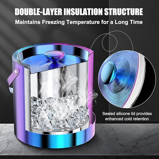 IOV Ice Bucket with Lid, Scoop, Tongs, and Strainer, 3 L Stainless Steel Double Wall Insulated Ice Bucket for Parties, Keeps Ice Frozen Longer, Ideal for Cocktail Bars, Freezers, and Wine - Rainbow