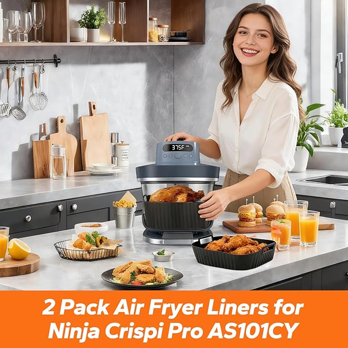 SelfTek 2 Pack Silicone Air Fryer Liners for Ninja Crispi Pro AS101CY - 2 Silicone Liners for 6 QT & 2.5 QT Glass Container, Easy Clean Air Fryer Basket Liners, Reusable Air Fryer Replacement Parts