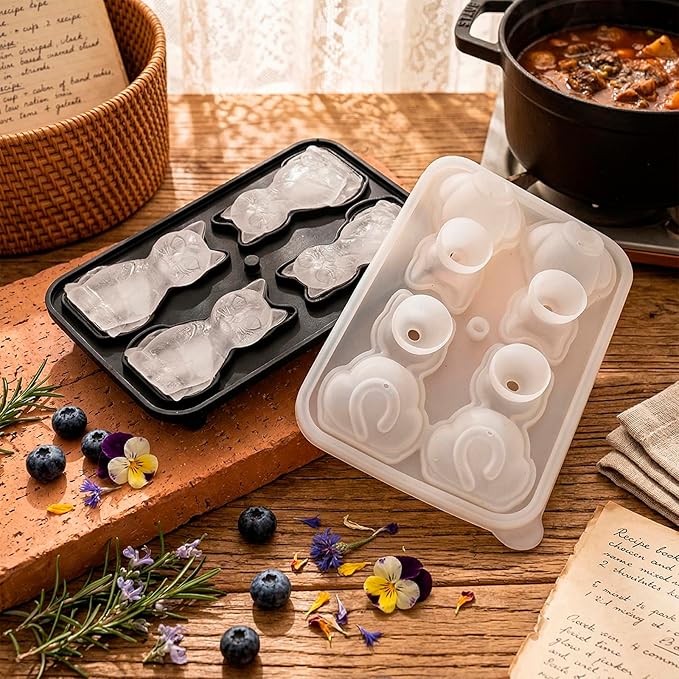 Cat Ice Cube Tray Mold - 3D Cat Shape Ice Cube Trays, Cute Ice Cube Molds for Whiskey Bourbon, 4-Hole Large Fun Shapes Ice Cube Trays, Funny Cats Gifts for Animals Lovers Women Men