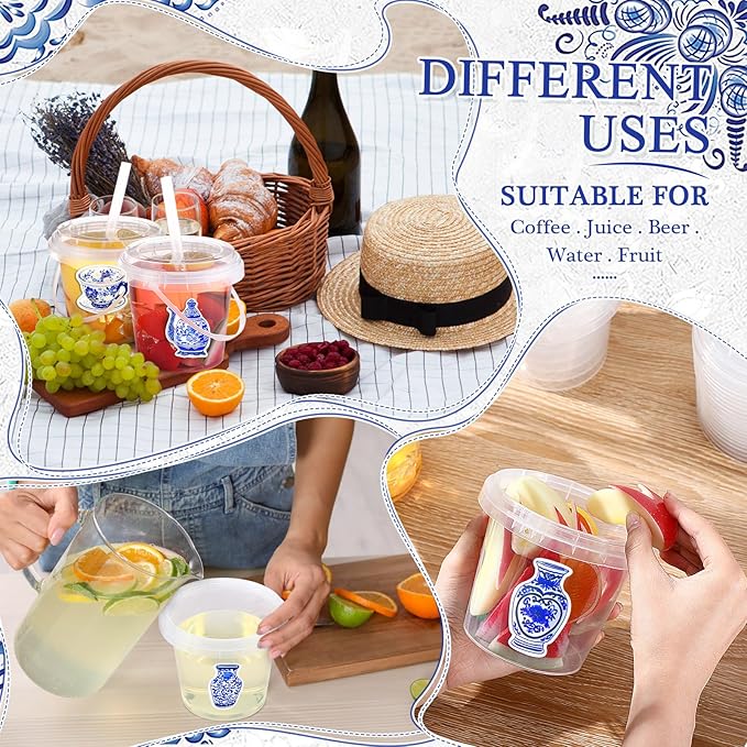 Funnymoom 30 Set Chinoiserie Drinks Buckets with Lids and Straws 24oz Blue and White Floral Clear Plastic Cups Disposable Rum Cocktail Pails with Handles & Stickers for Wedding Bridal Shower Birthday