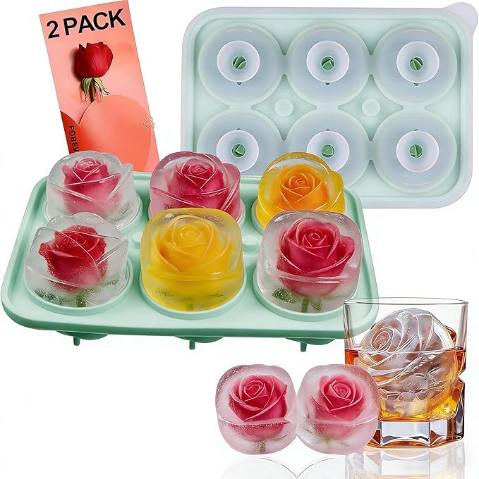 3D Rose Ice Cube Tray Set of 2, 6-Cavity Silicone Ice Cube Molds with Lid, Easy Release Ice Cube Trays for Freezer, BPA Free Ice Mold for Gift, Drinks, Coffee and Cocktails, Whiskey (Green)