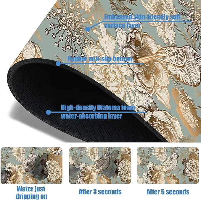 Sink Splash Guard Faucet Mat Peonies Bird and Butterflies Absorbent Fast Drying Mat Sink Gadgets Splash Guard Behind Faucet Drip Catcher for Kitchen Bathroom 23.5"X5.5"