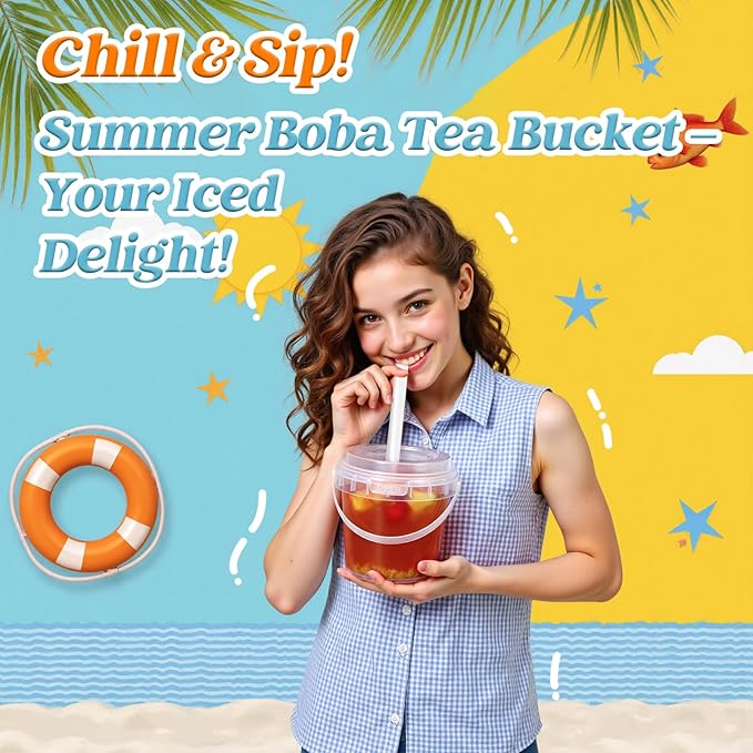 Clear Plastic Cups with Lid and Straw, Reusable Drink Bucket with Handle for Iced Coffee, Smoothie, Ice Cream - Sturdy Food Safe Party Cups for Pool, Beach, Birthday Parties (8, 32 oz)