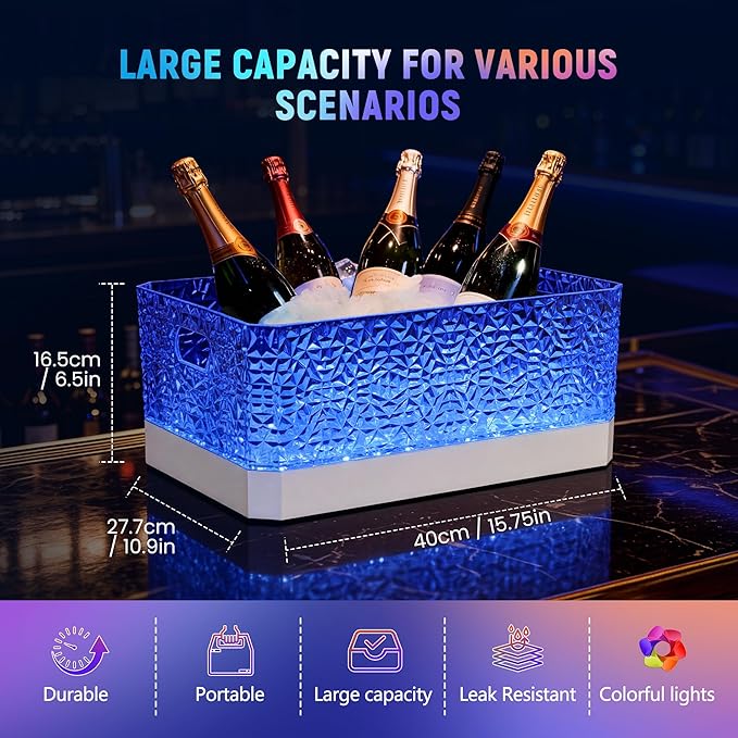 15L LED Ice Bucket for Parties, Rechargeable 7-Color Changing Light Up Beverage Tub, Clear Acrylic Wine & Champagne Drink Cooler, Leakproof Party Tub for Home Bar & Outdoor Entertaining