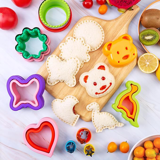 Sandwich Cutter for Kids 48 Pcs, Kimfead Cookie Cutters, Fruit Vegetable Cutter Shapes, Food Picks for Bento Box, Mouse Dinosaur Star Square Heart Shape