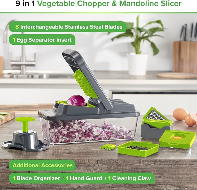 PrepNaturals Vegetable Chopper with Container, Veggie Chopper, Food Chopper & Onion Chopper - Mandoline Slicer for Kitchen (12 in 1, Green)