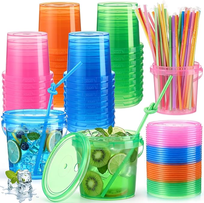 Funnymoom 36 Pack 25 oz Plastic Rum Buckets Bulks for Drinks with Straws Reusable Ice Cream Cocktail Cups Neon Party Bucket with Lids Handles Food Containers Cup for Summer Beach Bar Beer