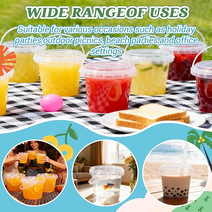 Clear Plastic Cups with Lid and Straw, Reusable Drink Bucket with Handle for Iced Coffee, Smoothie, Ice Cream - Sturdy Food Safe Party Cups for Pool, Beach, Birthday Parties (10, 16 oz)