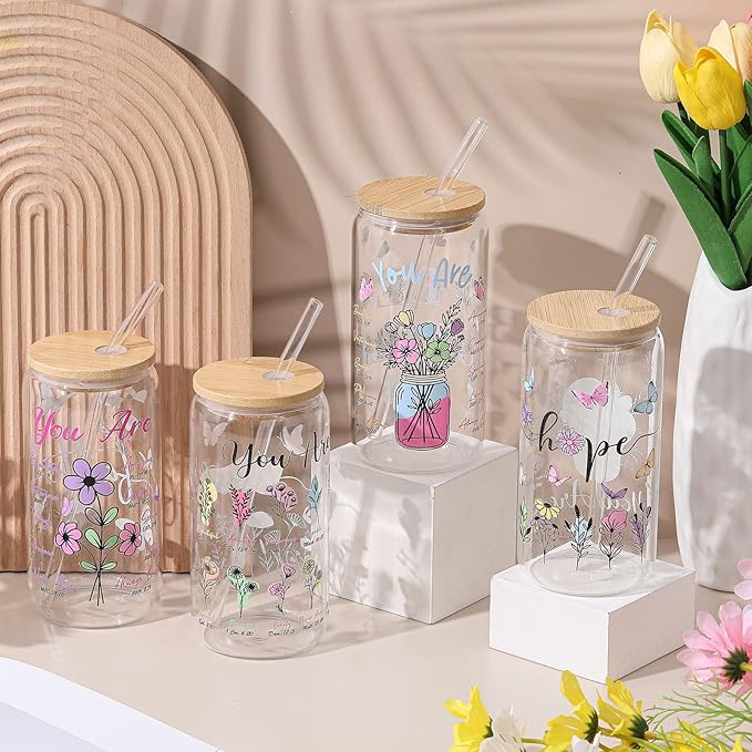 Mumufy 4 Pack Christian Inspiration Flower Glass Cup with Bamboo Lid and Straw Tumbler Iced Coffee Mugs 16 oz Glass, Mothers Day Birthday Women Religious Gift for Mom Sister Bridesmaid Baby Shower