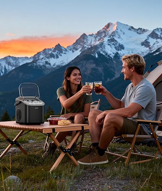 ecozy Portable Ice Makers Countertop, 8 Cubes in 6 Mins, 26lbs/Day, Bullet Ice Maker Machine with 2 Ice Sizes, Self-Cleaning Ice Maker with Carry Handle for Home/Kitchen/Party/Travel - 2026 Version