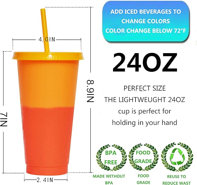 Color Changing Cups, 5 Pack 24oz Plastic Tumblers, Reusable Iced Coffee & Smoothie Cups with Lids and Straws for Parties and Travel
