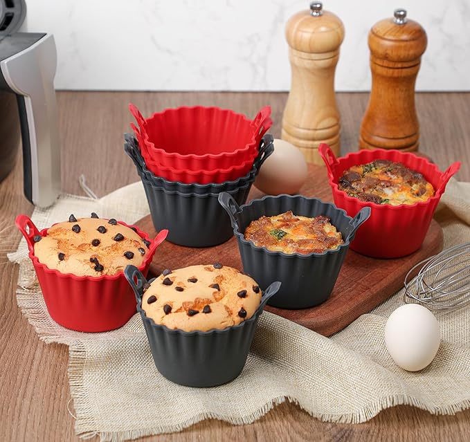 Webake Air Fryer Muffin Cups with Handle, LFGB Platinum Silicone Ramekins for Baking, Egg Bites, Egg Poacher, Pack of 8