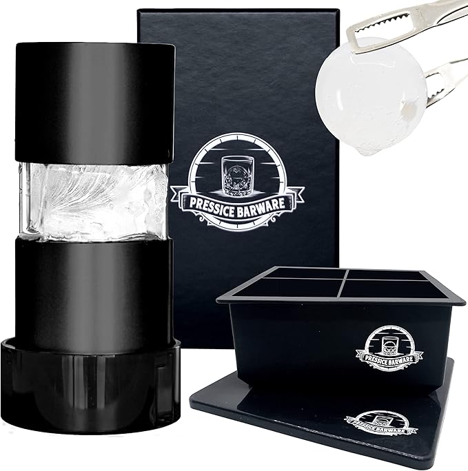 Ice Ball Press – Aluminum Ice Press – Create Effortless Large Spheres – Includes Ice Tray – USA Small Business (Black Finish)