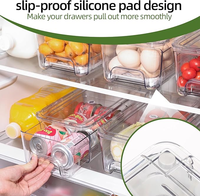 Large Fridge Organizer Drawers, 4 Pack Clear Pull-Out Refrigerator Organizer Bins, Stackable Fruit and Vegetable Storage Containers for Kitchen, Refrigerator, Pantry