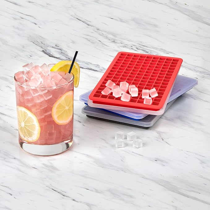 Tovolo Mini Ice Cube Tray with Lid Set of 3 Assorted Colors Small Ice Maker for Freezer, Silicone Mini Ice Cube Trays Square Nugget Ice Makes Tiny Cubes BPA Free Stackable Dishwasher Safe, Assorted