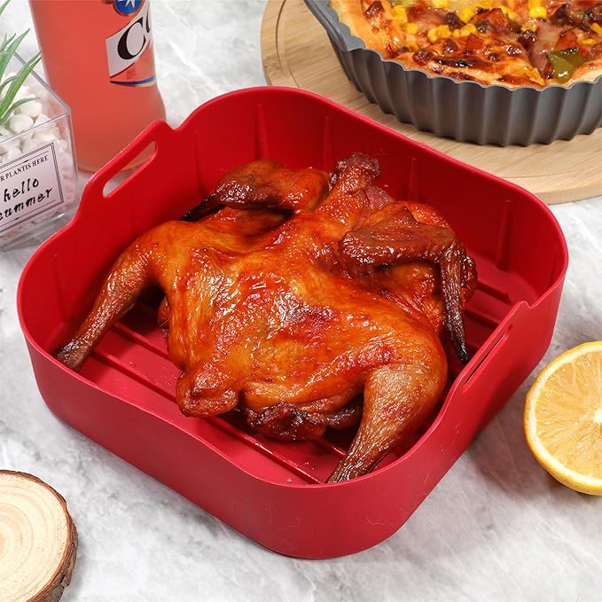 2Pcs Air Fryer Silicone Liners,Air Fryer Silicone Liners Fit 3-6QT Air fryer, Reusable Food Grade Silicone Air fryer Liners Baking Tray Basket Accessories(Square,7.5 Inch)