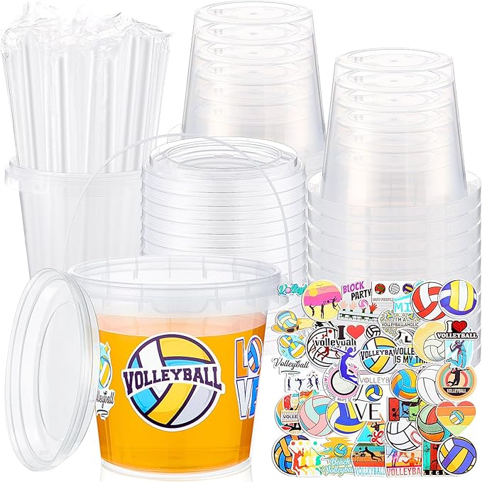 Funnymoom 30 Set Volleyball Clear Plastic Cups with Lids & Straws 24oz Disposable Rum Drink Buckets Bulk for Cocktail Parties with Handles & Stickers for Holiday Birthday Beach Pool Party Supplies