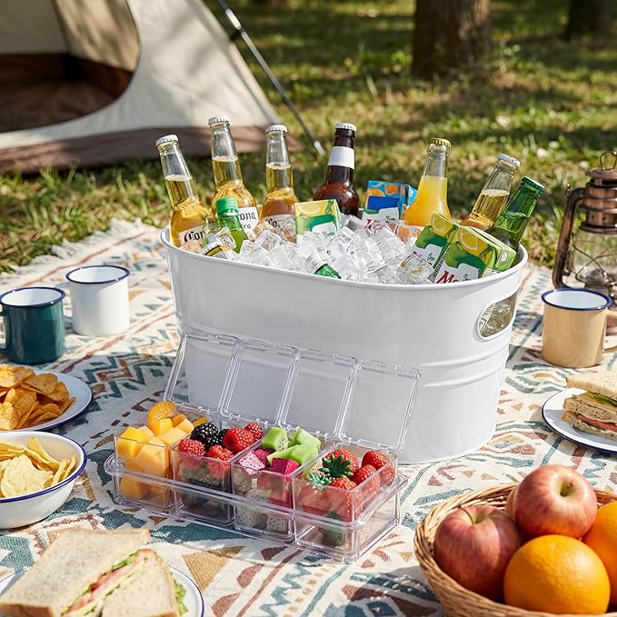 2 Pcs 4 Gallon Galvanized Metal Ice Buckets Large Metal Drink Bucket 2 Pcs Condiment Caddy Clear 4 Compartment with Lid and Spoon for Summer Birthday Party Dinner Wedding Mimosa Bar(White)