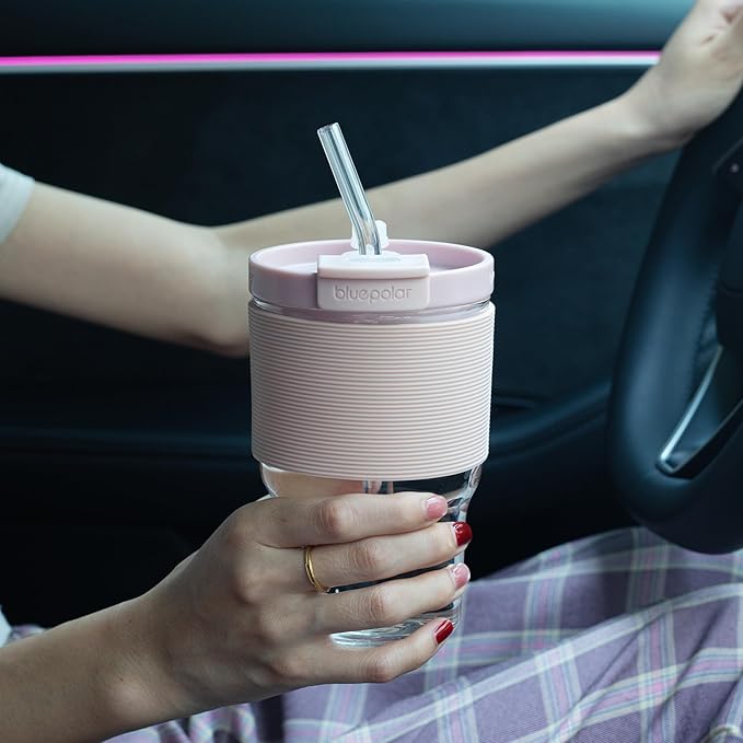 Glass Juice Bottles with Lids and Straws,16oz/480ml Reusable Iced Coffee Glasses,Cold Brew Tumblers with Leakproof Lids,BPA-Free Glass Jars for Juicing,Matcha,Tea,Smoothie (Pink with Sleeve)