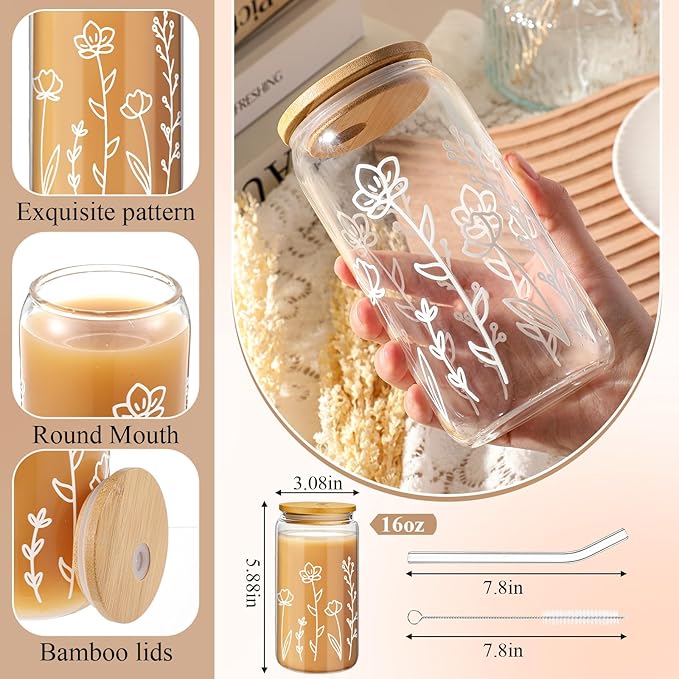 Mumufy 1 Pack Bridesmaid Gift Glass Cups, Cute Flower Mason Jars with Bamboo Lids & Straws, 16oz Iced Coffee Tumblers for Wedding, Bridal Party, Birthday, Mother's Day(Boho Flower)