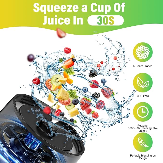 Portable Blender, 360 Watt Personal Blender for Shakes and Smoothies, 6000mAh USB Rechargeable, BPA Free 24 Oz Juicer Cup with 6 Blades and Lid, Self Cleaning Portable Juicer for Kitchen, Deep Black