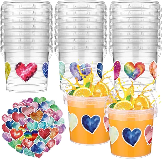 PerKoop 20 Pcs 32 oz Ice Cream Buckets with Lids and Handles Clear Cocktail Rum Buckets with Stickers Plastic Transparent Tub Reusable Food Storage Containers for Parties(Heart)