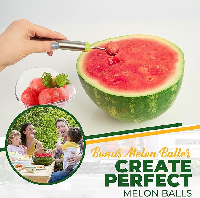2-in-1 Watermelon Cutter and Melon Baller Set – Stainless Steel Windmill Fruit Tool for Quick Cubes and Shapes – Safe Kitchen Gadget for Summer Snacks, Camping, and Home Essentials