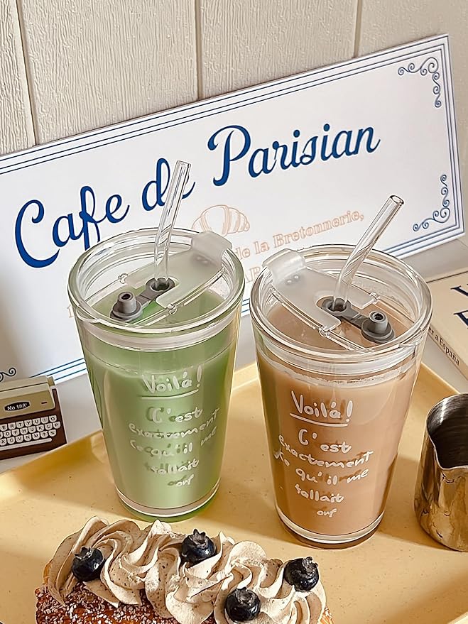 Olvini 15oz Glass Tumbler with Straw and Lid, Cute Iced Coffee Cups, Aesthetic Glass Cups, Coffee Tumbler, Water Cup, Matcha Cup, Drinking Glasses (The Perfect Match)