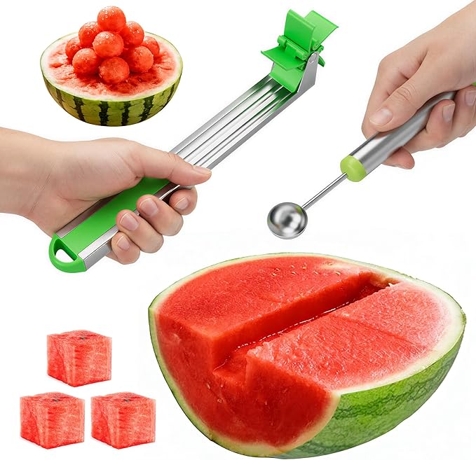 2-in-1 Watermelon Cutter and Melon Baller Set – Stainless Steel Windmill Fruit Tool for Quick Cubes and Shapes – Safe Kitchen Gadget for Summer Snacks, Camping, and Home Essentials