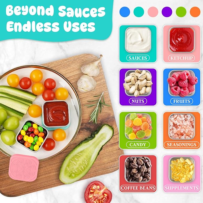 LIEMAND 6x2.7oz Salad Dressing Container to Go, Leakproof Reusable Stainless Steel small container with lid,Sauce Containers for Lunch box,Picnics,Travel,Office and Meal Prep-Square