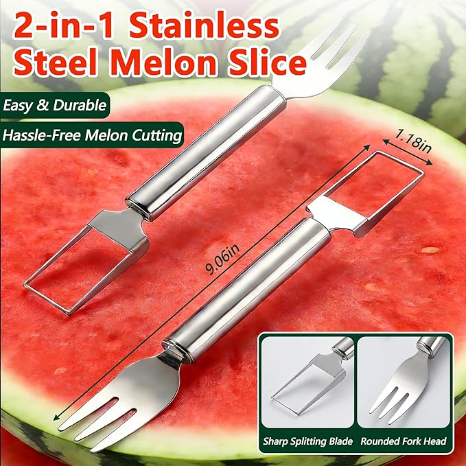 Watermelon Cutter, 2-in-1 Stainless Steel Fruit Cutter, Dual Head Watermelon Fork Slicer Tool, Summer Fruit Cutting Kitchen Gadget for Home (Round-1PCS)