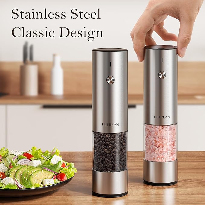 Ultrean Salt and Pepper Grinder Set, Rechargeable Salt and Pepper Shakers, 6 Adjustable Coarseness, LED Light, Kitchen Gadget Cooking Gifts Valentines Day Gifts for Him Her Mom Dad, Stainless Steel