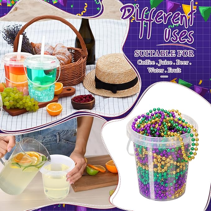 Funnymoom 30 Set Clear Plastic Drink Buckets with Lids and Straws 34oz Disposable Iced Coffee Cups Rum Cocktail Pails Large Smoothie Cup Bulk with Handles for Summer Beach Pool Party Supplies