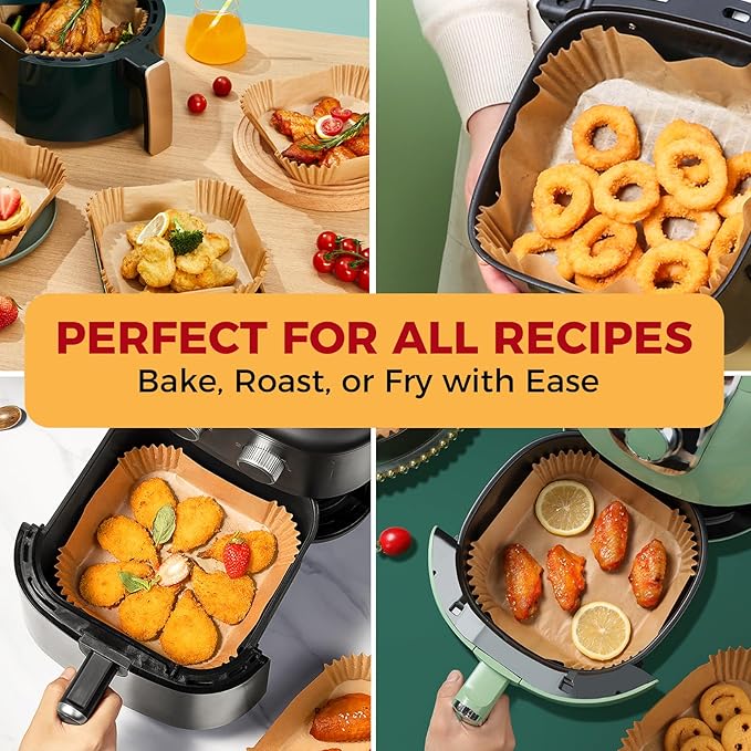 Air Fryer Liners Disposable - 150Pcs 8In Square Parchment Paper for Air Fryer Non-Stick Airfryer Basket Liners for Steamer Microwave Oven