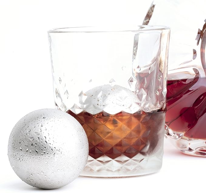 2 Premium XXL 55mm Stainless Steel Ice Whiskey Balls with Freezer Tray-Whiskey Rocks Chilling Stones, Whiskey Stone Ice Cube Balls, Round Chilling Spheres (Not Solid Steel)