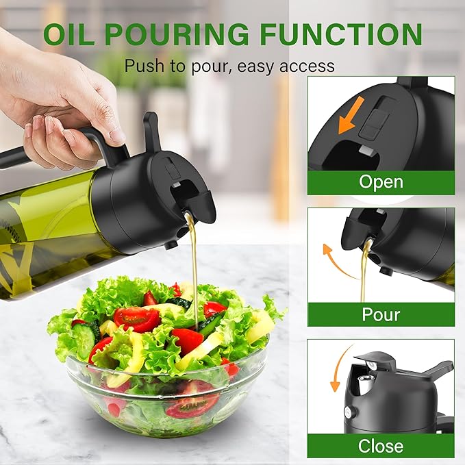 Vakoo 2 in 1 Oil Sprayer and Oil Dispenser for Kitchen - 16oz/470ml Light-Blocking Dark Glass Olive Oil Spray Bottle for Cooking, Air Fryer, Salad & BBQ (Black and White)