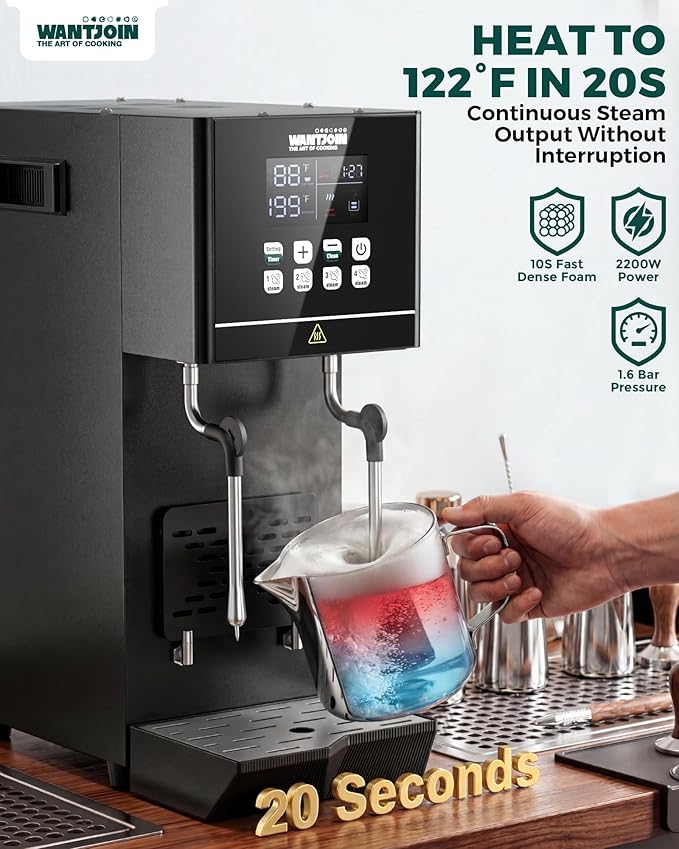 WantJoin Commercial Milk Frother & Beverage Heater - 2000W Multi-functional Milk Steamer Machine with LED Display Panel for Latte Cappuccino Coffee Milk Tea Foam & Hot Water Dispenser, Hotel Home Use