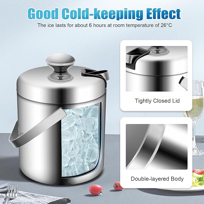 Stainless Steel Ice Buckets 1.3L/4.91gal Portable Ice Bucket with Lid & Strainer & Tong Double Wall Ice Barrel Ice Cube Container for Cocktail Party Event Camping 5.5 x 8.9 in