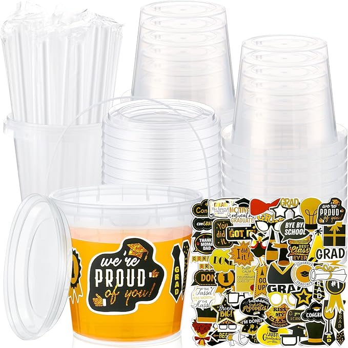 Funnymoom 30 Set 2026 Graduation Clear Plastic Cups with Lids & Straws 24oz Disposable Rum Drink Buckets Bulk for Cocktail Parties with Handles & Stickers for Graduation Beach Pool Party Supplies