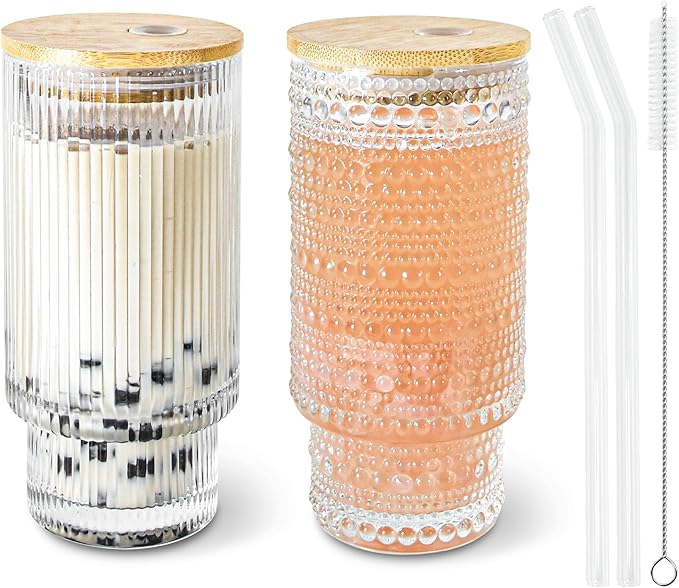16oz Glass Cup with Lids Straws Brush Vintage Glassware for Mojito Iced Coffee Soda Smoothie Whiskey(Ribbed & Hobnail)