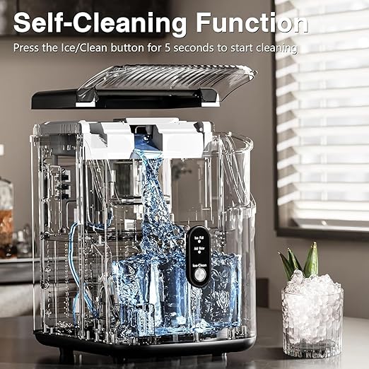 Antarctic Star Nugget Ice Makers Countertop, Portable Ice Machine with Ice Scoop & Basket, 34Lbs/24H, Self-Cleaning, One Click Operation for Office/Home/Bar (Stainless Steel Black)