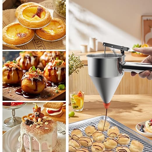 20oz Pancake Batter Dispenser, Stainless Steel Funnel Cake Dispenser with Stand Heavy Duty Baking Tool for Cupcake Waffles Cakes Takoyaki and Kitchen Baking (Small)