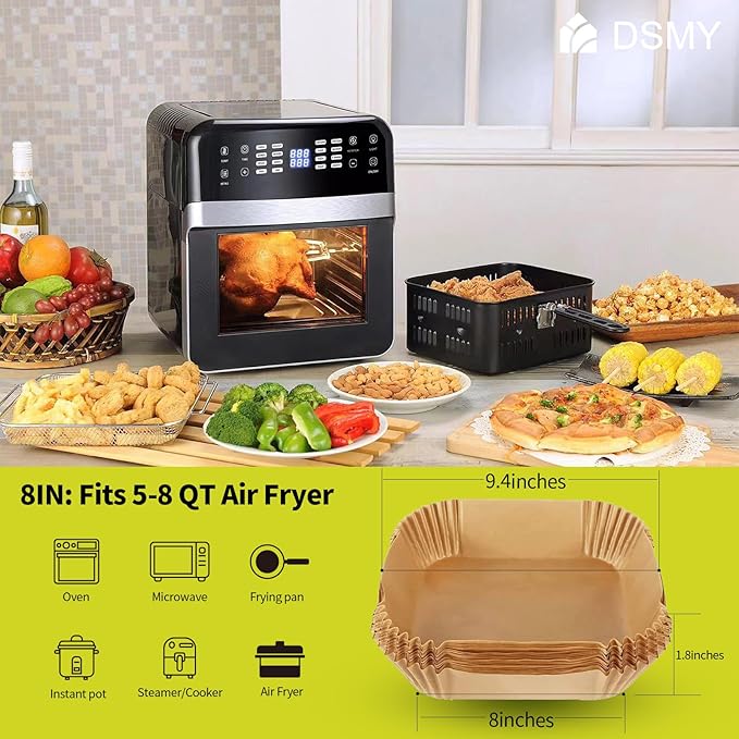 200 PCS Air Fryer Disposable Paper Liners,8 Inch Square Parchment Disposable Paper Liner for 5-8QT Air Fryer,Baking, Roasting and Microwave, Non-Stick Airfryer Accessories