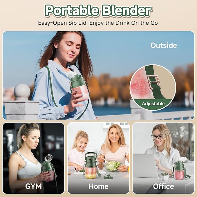 Portable Blender, Prasky Personal Blenders for Shakes and Smoothies with 27oz Cup, Lid and Shoulder Strap, Type-C USB Rechargeable, Personal Size Blenders BPA-free for Travel/Kitchen(Green)