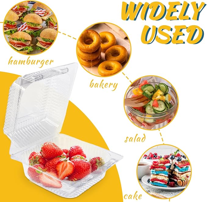 Qyyiguf 200 PCS Clear Plastic Square Hinged Containers,Disposable To Go Containers with Lids,Clamshell Food Containers for Sandwiches,Dessert,Cakes,Cookies,Salads,Pasta(5.3x4.7x2.8 In)