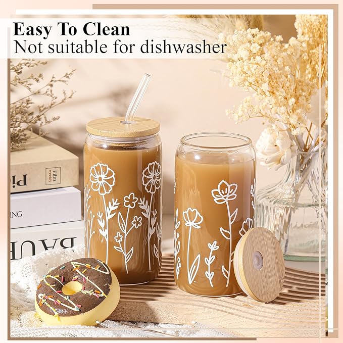 Mumufy 2 Pack Gift for Women Cute Glass Cup Tumbler Flower Iced Coffee Mugs 16 oz Glass with Bamboo Lid & Straw, Mothers Day Birthday Gift for Mom Sister Bridesmaid Baby Shower(Boho Floral)